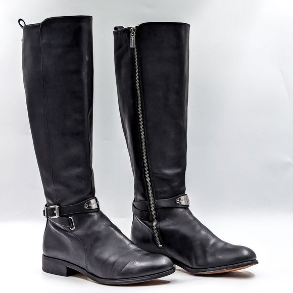 Michael Kors Women Arley Black Leather MK Slate Equestrian Riding Boots size 7.5 - Picture 1 of 11